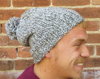 Knit Ski Hat / Knit Beanie Chunky Pom Pom / Gray Tweed