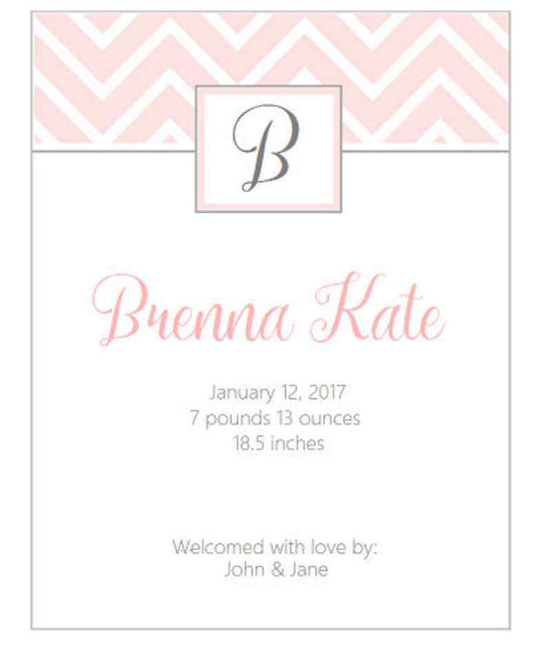 25 Chevron blush pink Birth announcement monogram birth announcement
