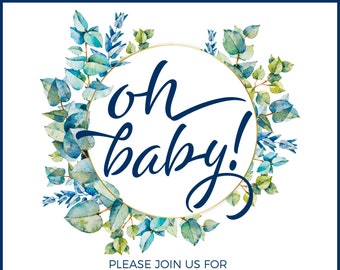 Baby Shower Invitation, OH BABY, Baby Boy Shower, Floral baby shower invite, blue and green baby shower theme