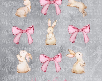 DIGITAL DOWNLOAD; Coquette bows and bunnies, Easter, Happy Easter, pink bows png, cute easter png, easter design, easter png