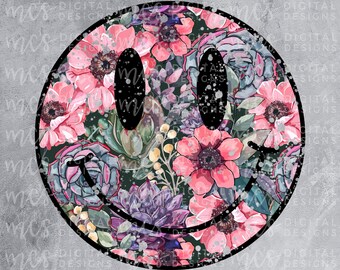 DIGITAL DOWNLOAD; Distressed Floral Smiley Face, Floral Smiley png, Smiley Face PNG, Cute Smiley Face png,