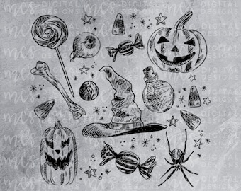 May include: A black and white illustration of Halloween themed items, including a witch's hat, a pumpkin, a spider, candy, a potion bottle, and a lollipop.