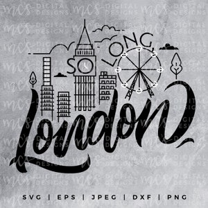 May include: Black and white illustration of the London skyline with Big Ben, a Ferris wheel, and the word "London" in a stylized font.