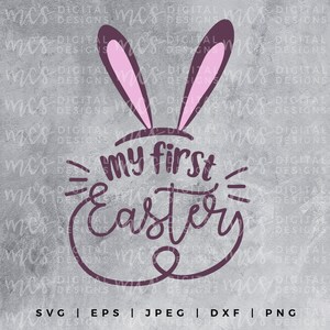May include: Purple bunny ears with pink insides and the text "my first easter" in a purple cursive font.