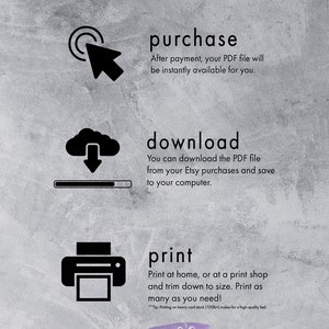Peut inclure: Un graphique illustrant les &eacute;tapes d'achat, de t&eacute;l&eacute;chargement et d'impression d'un produit num&eacute;rique. Le graphique pr&eacute;sente un curseur de souris, un nuage avec une fl&egrave;che de t&eacute;l&eacute;chargement et une ic&ocirc;ne d'imprimante. Le texte "HOW IT WORKS!" est en haut du graphique. Le texte "purchase, download, print" est sous chaque ic&ocirc;ne. Le texte "mcs DIGITAL DESIGNS" est en bas du graphique.