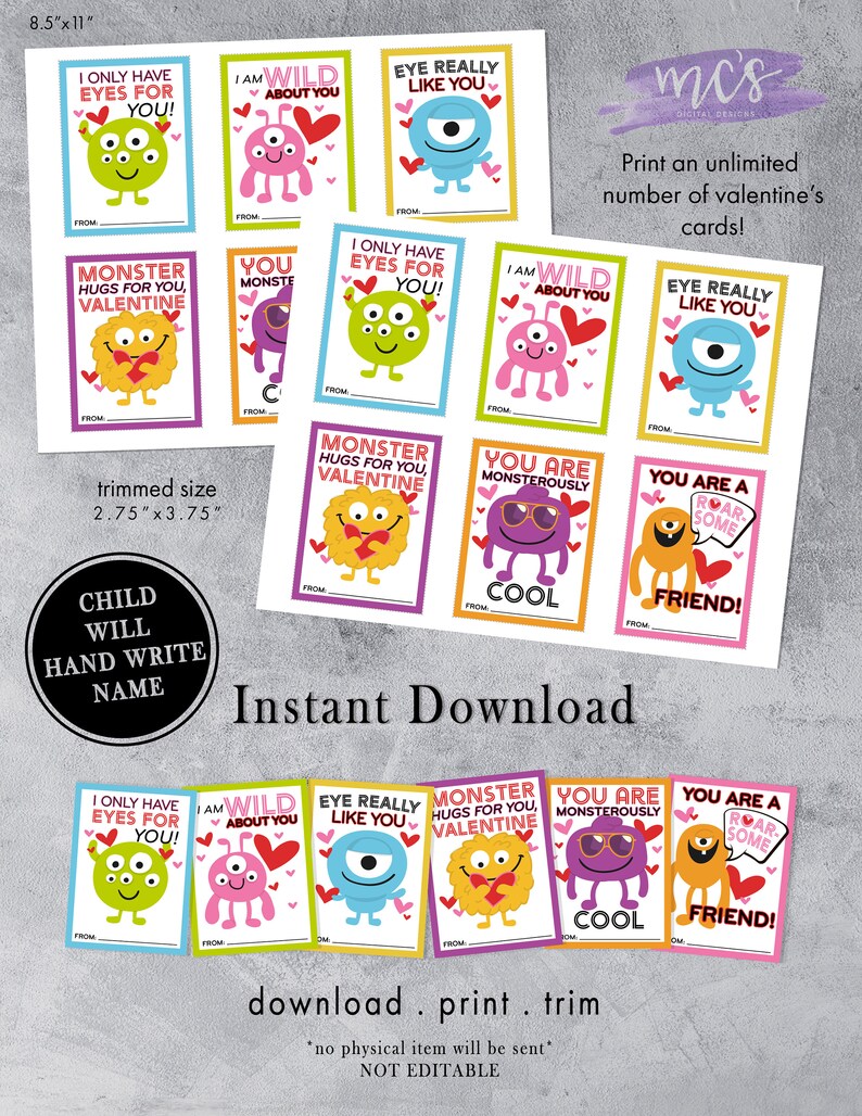 Monster Valentines Day Cards, Printable, Classroom Valentines Cards ...