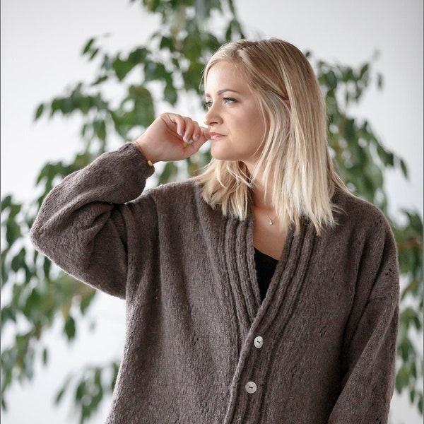 Handmade cashmere cardigan sweater, V Neck button wool sweater, Merino cardigan with pockets, Loose fit open front jacket, Wool knitwear