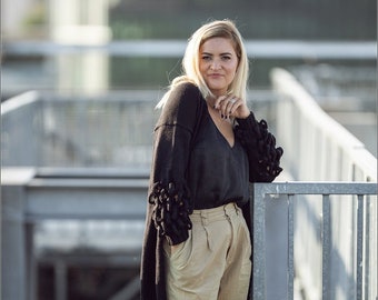 Zwart alpaca vest, gebreide kabeltrui voor dames, lang gebreid vest van merinowol, vrouwelijke jas met open voorkant, handgebreid breiwerk