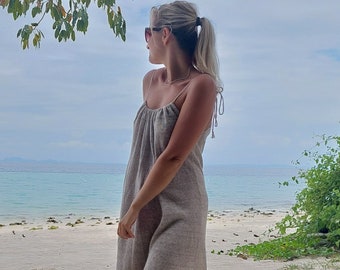 Zomer gebreide linnen jurk met verstelbare bandjes, losse fit boho tuniek, minimalistische one size lounge wear, zomer linnen strandkleding voor dames