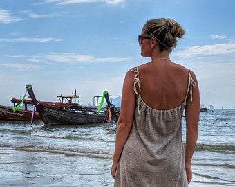 Vestido de lino de punto de verano con correas ajustables, túnica boho de ajuste holgado, ropa de salón minimalista de talla única, ropa de playa de lino de verano para mujer