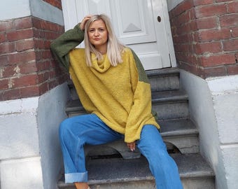 Alpaca turtle neck sweater, Two color handmade knit for women, Cozy soft knitwear, Chunky warm Fall Winter pullover, Cardigan Vest
