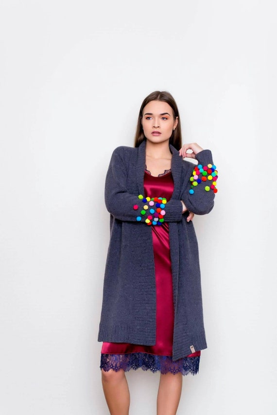 pom pom sleeve open cardigan