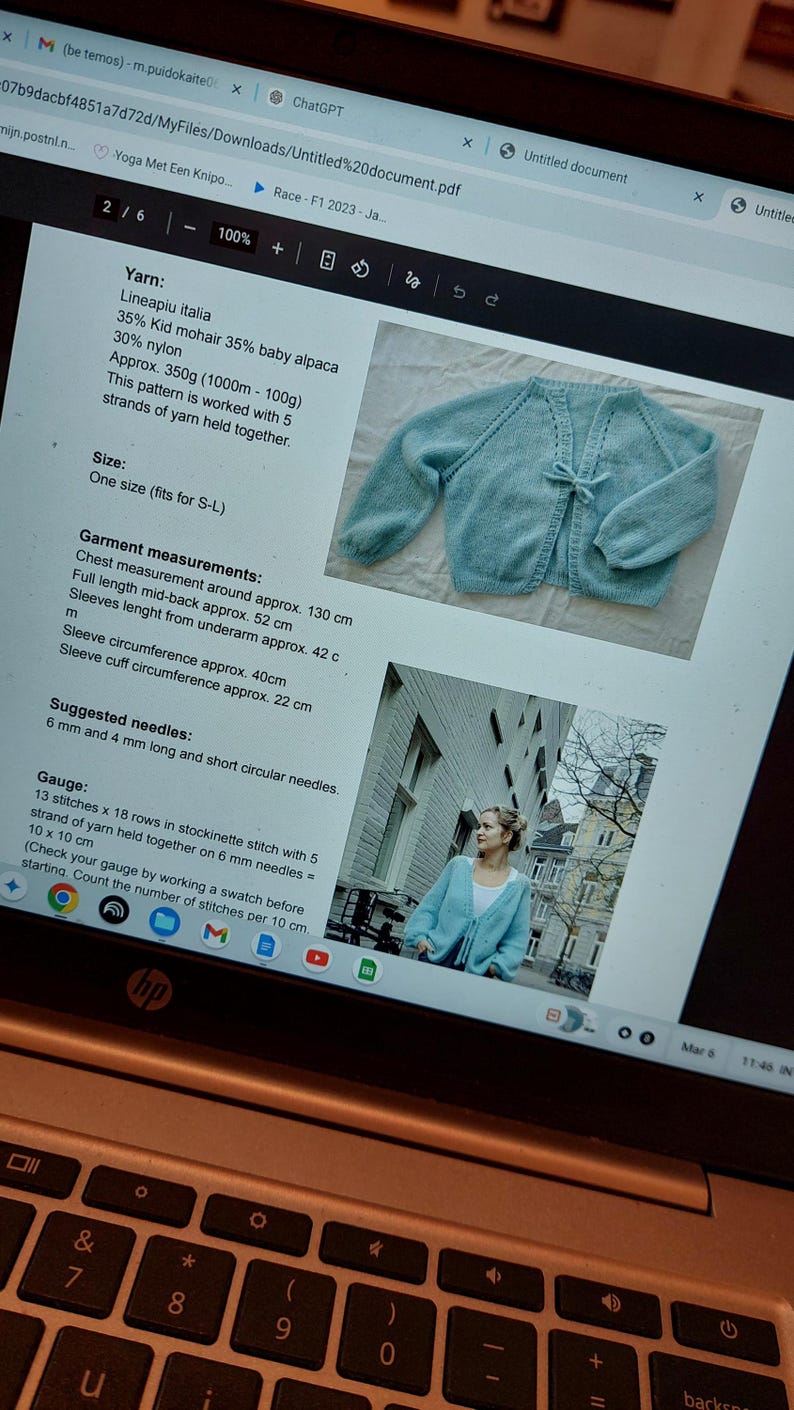 May include: A light blue knitted cardigan with a tie closure. The garment measurements include a chest measurement of approximately 130 cm and a full mid-back length of approximately 52 cm. The yarn is Lineapiu Italia.