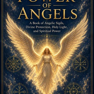 Op de afbeelding: Een boekomslag getiteld The Power of Angels: A Book of Angelic Sigils, Divine Protection, Holy Light, and Spiritual Power door M.G. Chauhan. De omslag toont een centrale gouden engel met grote vleugels tegen een donkerblauwe sterrenhemel.