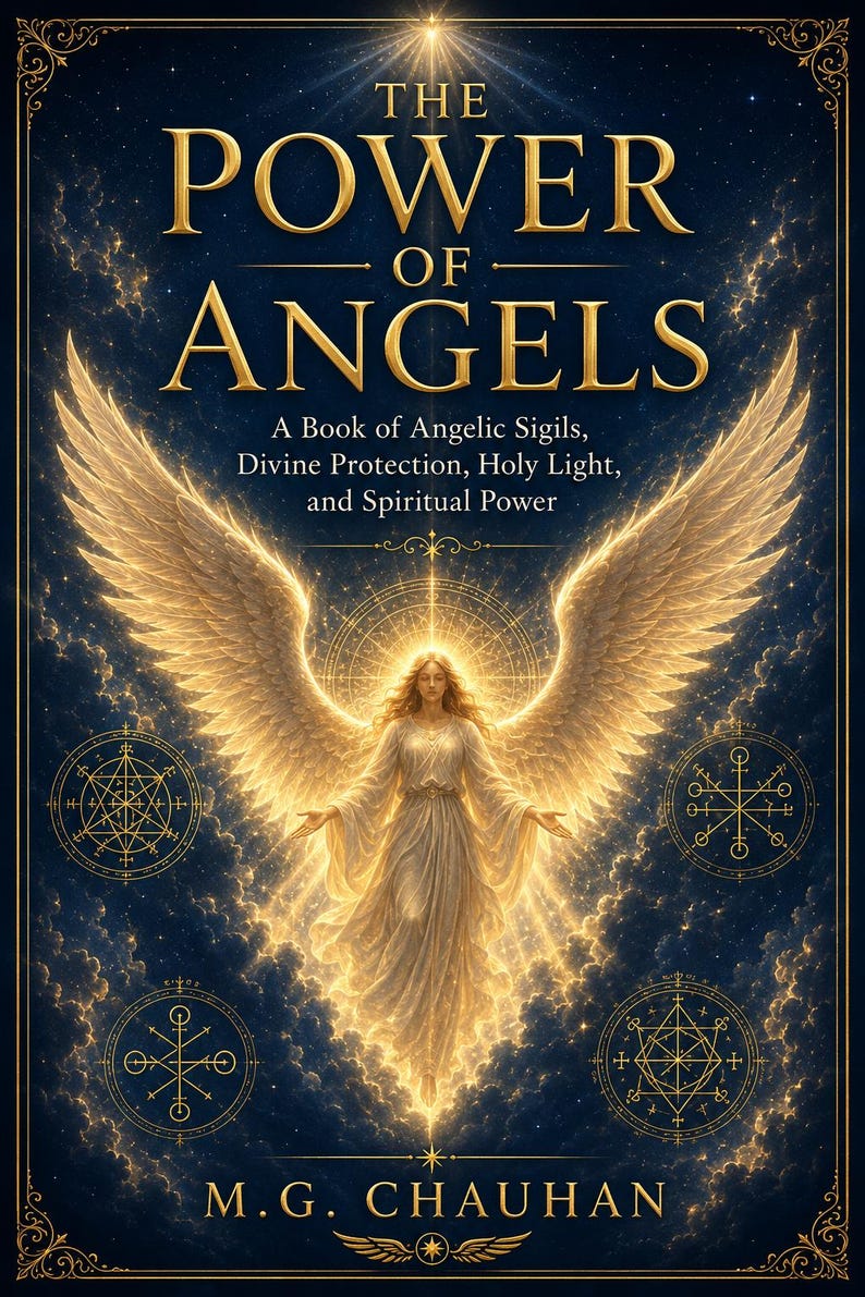 Op de afbeelding: Een boekomslag getiteld The Power of Angels: A Book of Angelic Sigils, Divine Protection, Holy Light, and Spiritual Power door M.G. Chauhan. De omslag toont een centrale gouden engel met grote vleugels tegen een donkerblauwe sterrenhemel.