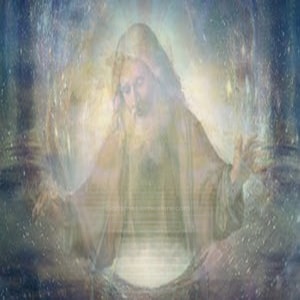 May include: A painting of a person with long hair and a beard, wearing a white robe, with their hands outstretched. The person is surrounded by a bright, white light, and the background is a blurry, blue and white sky.
