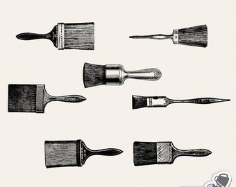 Paint Brush Clip Art Set – 7 PNG images plus Photoshop ABR brushes – vintage artist's paintbrush illustrations – commercial use