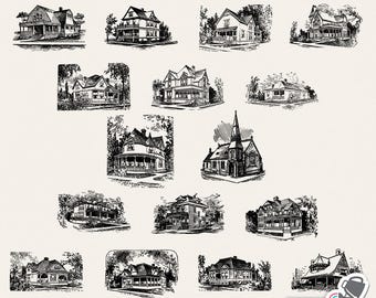 House Clip Art Set – 16 PNG images plus Photoshop ABR brushes – vintage Victorian house and church illustrations – commercial use