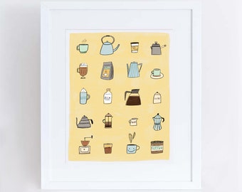 May include: A yellow background with illustrations of various coffee brewing methods and coffee-related items, including a coffee pot, a french press, a coffee grinder, a cup of coffee, and a bag of coffee beans.