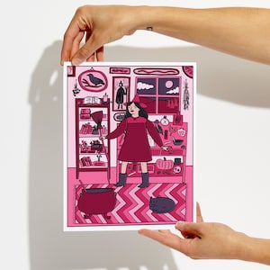 Pink and purple witch print, halloween wall art, Spooky witch art, Pink witch illustration, halloween decoration