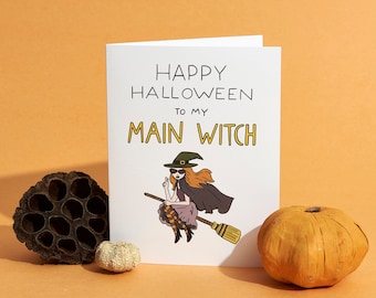 Tarjeta de Halloween divertida, bruja principal, tarjeta de felicitación hecha a mano