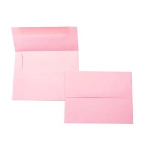May include: Two pink envelopes are displayed against a white background. One envelope is open, revealing a lighter pink interior, while the other is closed. The envelopes are made of a smooth paper material.