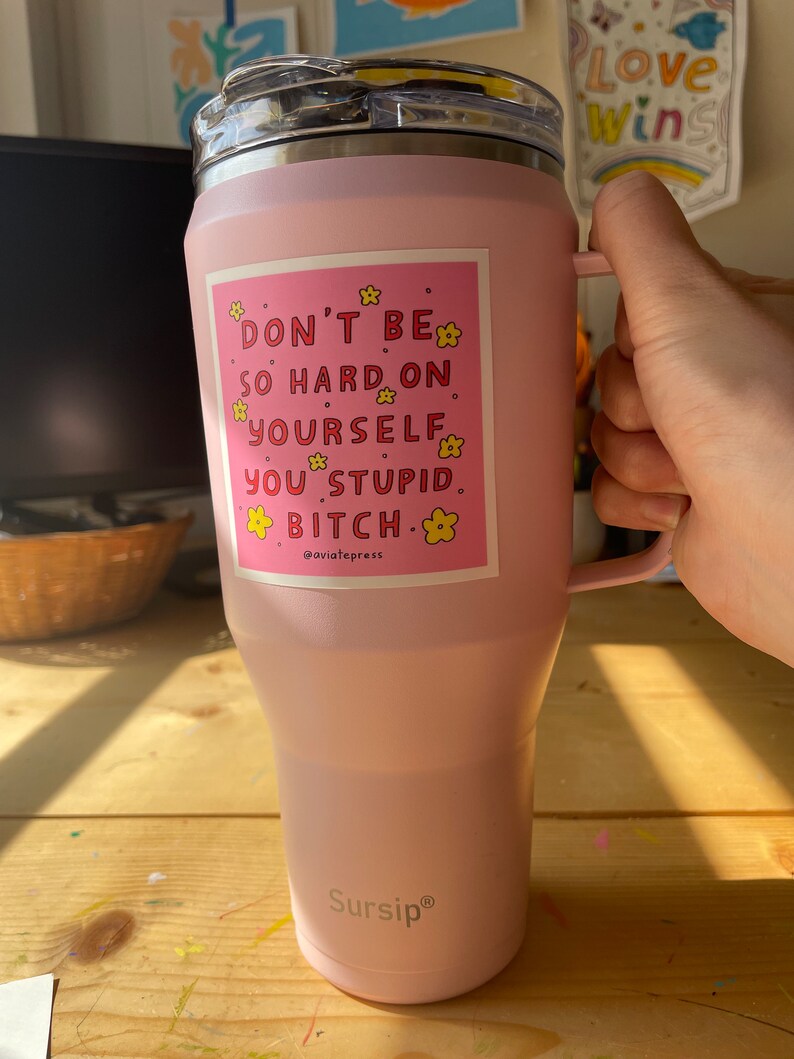 Funny pink self care sticker on water bottle