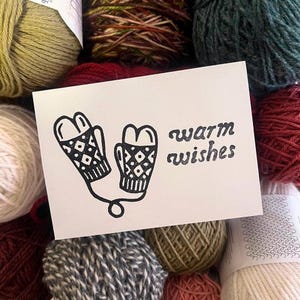 hand block printed linocut birthday card | newfoundland trigger mitt design | handmade card with envelope