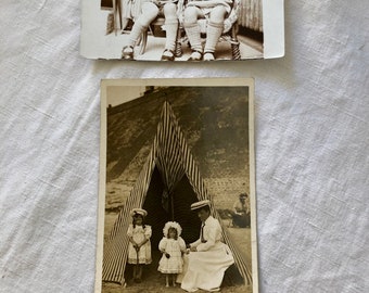2 old photos of children including a scene of sea bathing