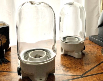 Pair of waterproof industrial wall lights in porcelain and glass globes