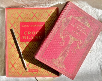 Antique French books with beautiful binding, White Fang by Jack London and The Lion Killer by Jules Gérard