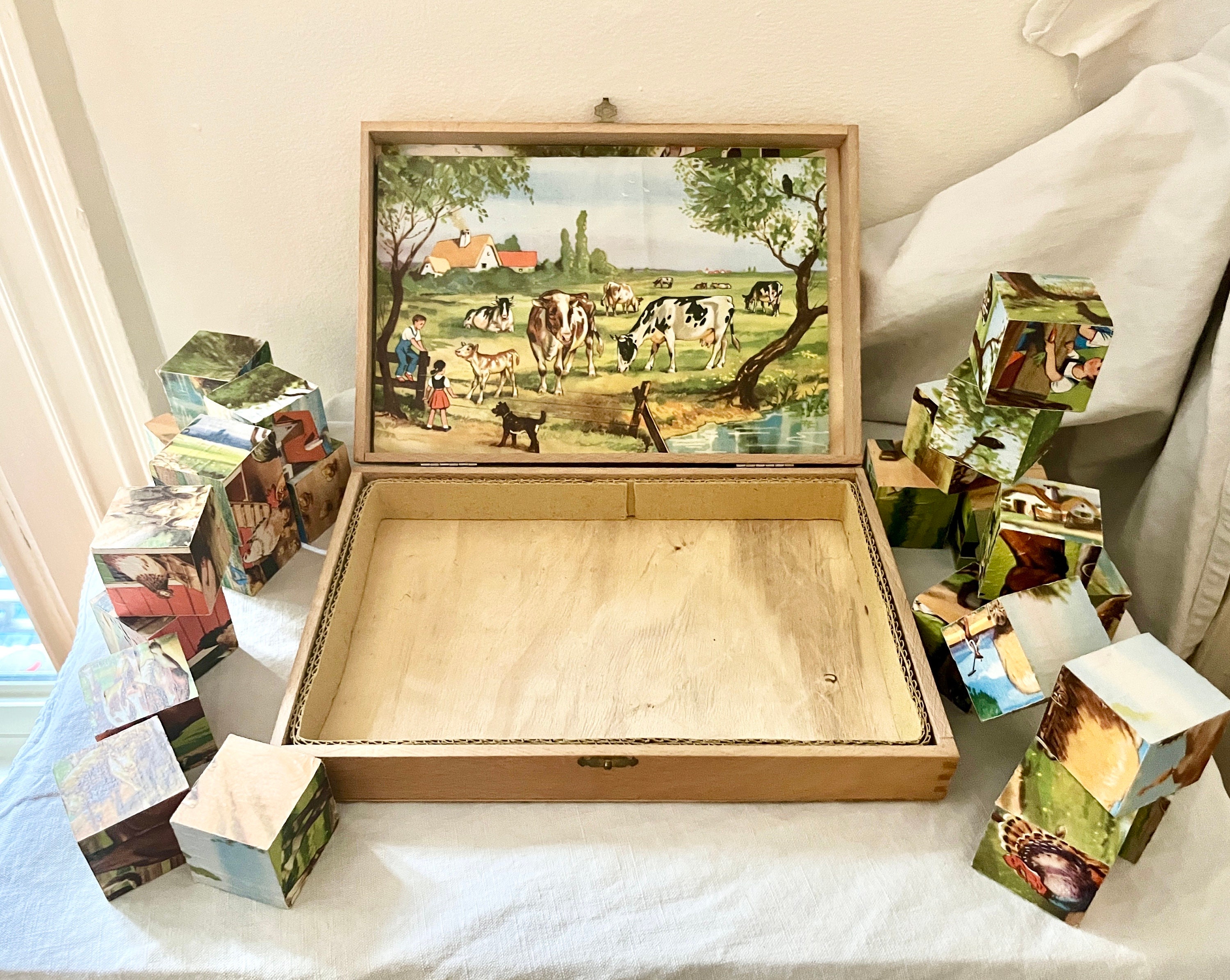 Jeu de cubes vintage en bois avec images de la campagne - France