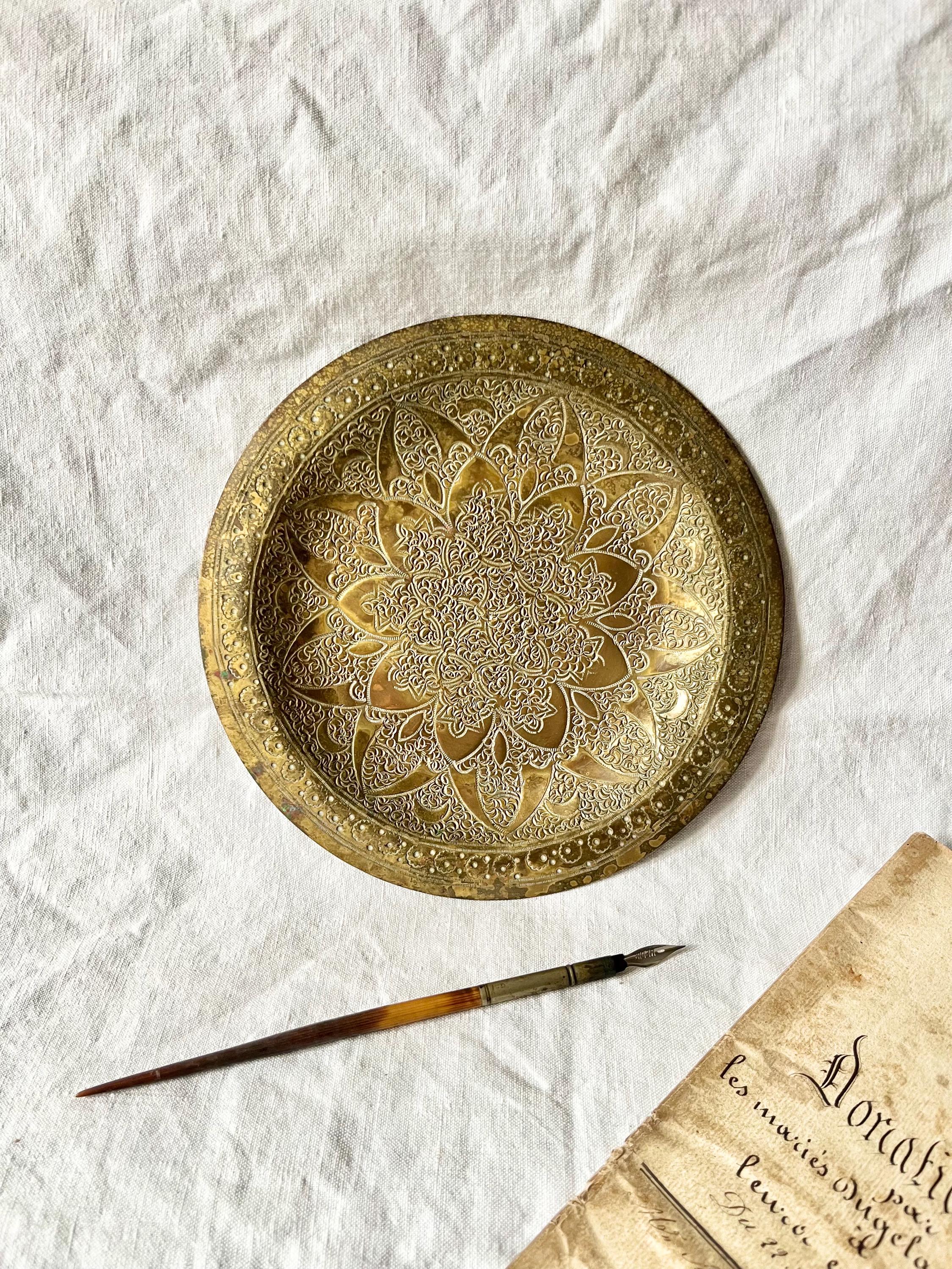 Ancien Plat Ovale En Cuivre Étamé Avec Anneaux Laiton - Art De La Table Vintage