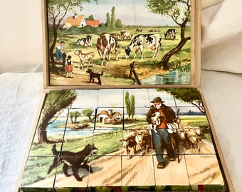 Jeu De Cubes Ancien En Bois – Puzzle Vintage Illustrations Champêtres