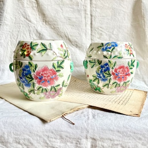 Peut inclure: Deux pots en céramique assortis avec couvercles. Les pots sont blancs avec un motif floral avec des fleurs roses, bleues et rouges avec des feuilles vertes. Chaque pot a des poignées vertes. Les pots sont posés sur un morceau de papier.