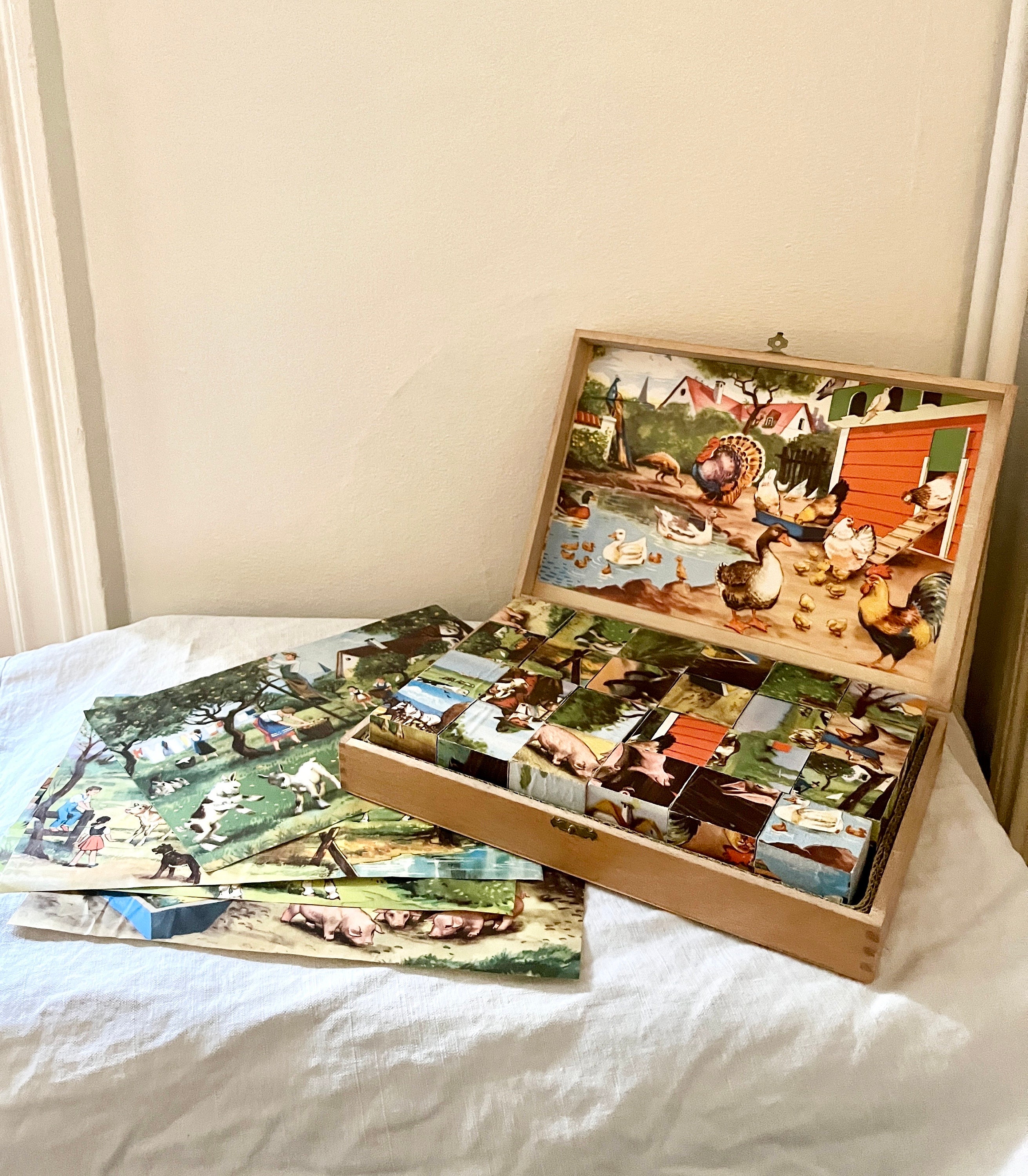 Jeu De Cubes Ancien En Bois – Puzzle Vintage Illustrations Champêtres