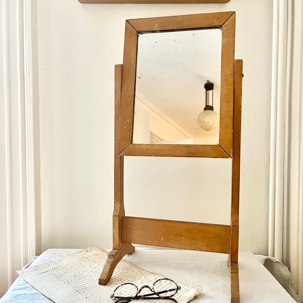 Antique table psyche mirror in natural wood and mercury glass