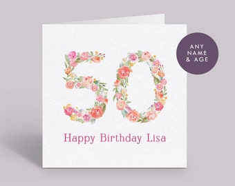 Floral Age Birthday Card - Personalised Greeting Card, Special Birthday Card, 40th Birthday, 50th, 60th, 70th, 80th, 90th... // 6x6 square