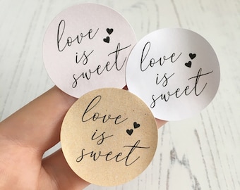 Love Is Sweet - Wedding Stickers, Confetti Stickers // KRAFT STICKERS Circle, Round, Natural Wedding, Party Favour Stickers, Sweet Cones