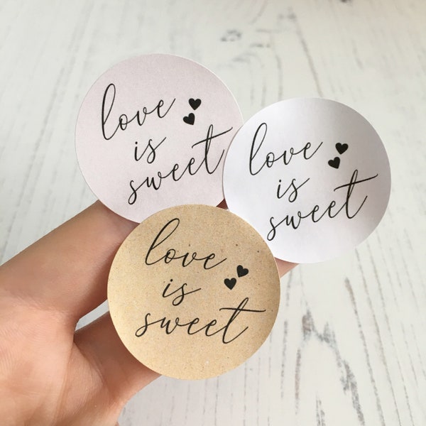 Love Is Sweet - Wedding Stickers, Confetti Stickers // KRAFT STICKERS Circle, Round, Natural Wedding, Party Favour Stickers, Sweet Cones