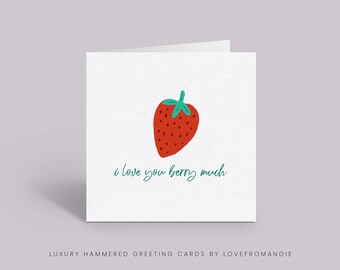 Erdbeer-Valentinstagskarte - "I Love You Berry Viele" - Valentinstagskarte, Food Pun-Liebeszitat Karte, Erdbeer-Valentinstagskarte