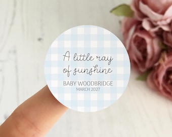 Gingham Baby Shower Stickers - "A Little Ray Of Sunshine" // Personalised Baby Shower Stickers, Custom New Baby Celebration Labels, Sun Baby