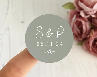 Sage Green Initials Stickers - Personalised Wedding Labels, Custom Wedding Favour Stationery, Save The Date Stickers, DIY Confetti Labels