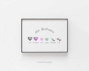 FAMILY TREE STYLE A4 Print - Hearts, Pets & Feather - Personalised Our Family Home - Mother's Day Gift Print, Family Quote, Grandparents Art