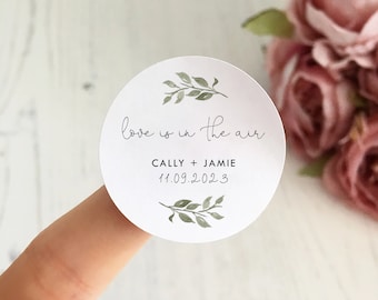 Love Is In The Air - PERSONALISED Botanical Wedding Confetti Stickers // Modern Circle, Round Eucalyptus, Natural Wedding Favour Stickers