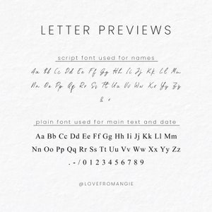 May include: A white background displays text previews of script and plain fonts. The text "LETTER PREVIEWS" is at the top. Below, the script font is shown with the alphabet and the ampersand symbol. The plain font shows the alphabet, numbers, and symbols.
