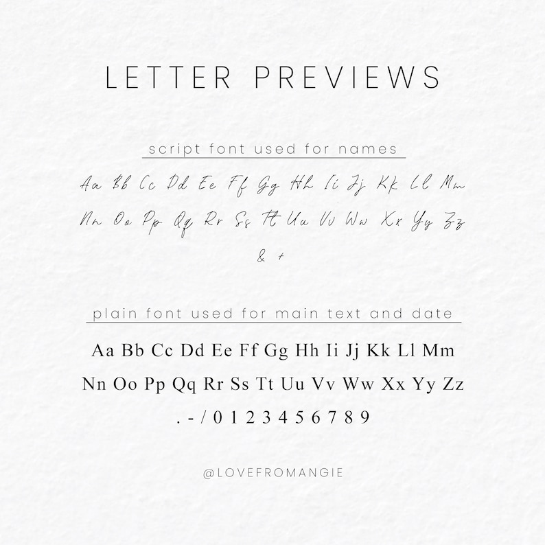 May include: A white background displays text previews of script and plain fonts. The text "LETTER PREVIEWS" is at the top. Below, the script font is shown with the alphabet and the ampersand symbol. The plain font shows the alphabet, numbers, and symbols.