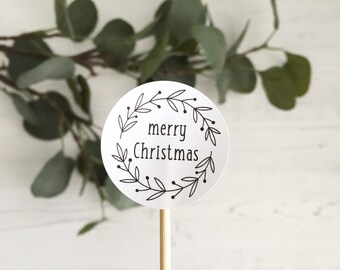 MERRY CHRISTMAS STICKERS - Black with a wreath design - Gift Labels, Gift Stickers, Xmas Stationery, Christmas Stickers, Christmas Gift Wrap