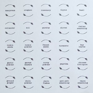 Op de afbeelding: Een set van 36 witte ronde etiketten voor specerijenpotten met zwarte tekst en eenvoudige lijntekeningen van kruiden en specerijen. De etiketten bevatten namen zoals zeezout, zwarte peper, cayennepeper, gemengde kruiden, munt, marjolein, oregano, rozemarijn, tijm, basilicum, koriander, dille, peterselie, bieslook, Italiaanse kruiden, komijnzaad, komijnpoeder, venkelzaad, kurkuma, laurierblaadjes, knoflookpoeder, garam masala, currypoeder, paprika, Chinese vijf specerijen, gemberpoeder, chilipeperpoeder, chilivlokken, peri peri kruiden, Cajun kruiden, kaneel, kardemom, steranijs, kruidnagel en nootmuskaat.