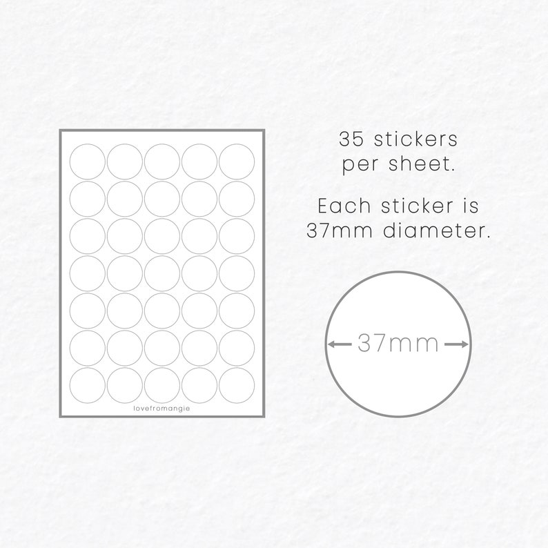 May include: A sheet of 35 blank, circular stickers. Each sticker is 37mm in diameter. The image includes the text: "35 stickers per sheet. Each sticker is 37mm diameter."